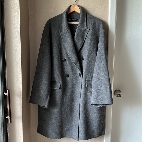 ZARA Women’s Oversized Wool Blend Gray Double Breasted Trench Coat - Picture 7 of 13